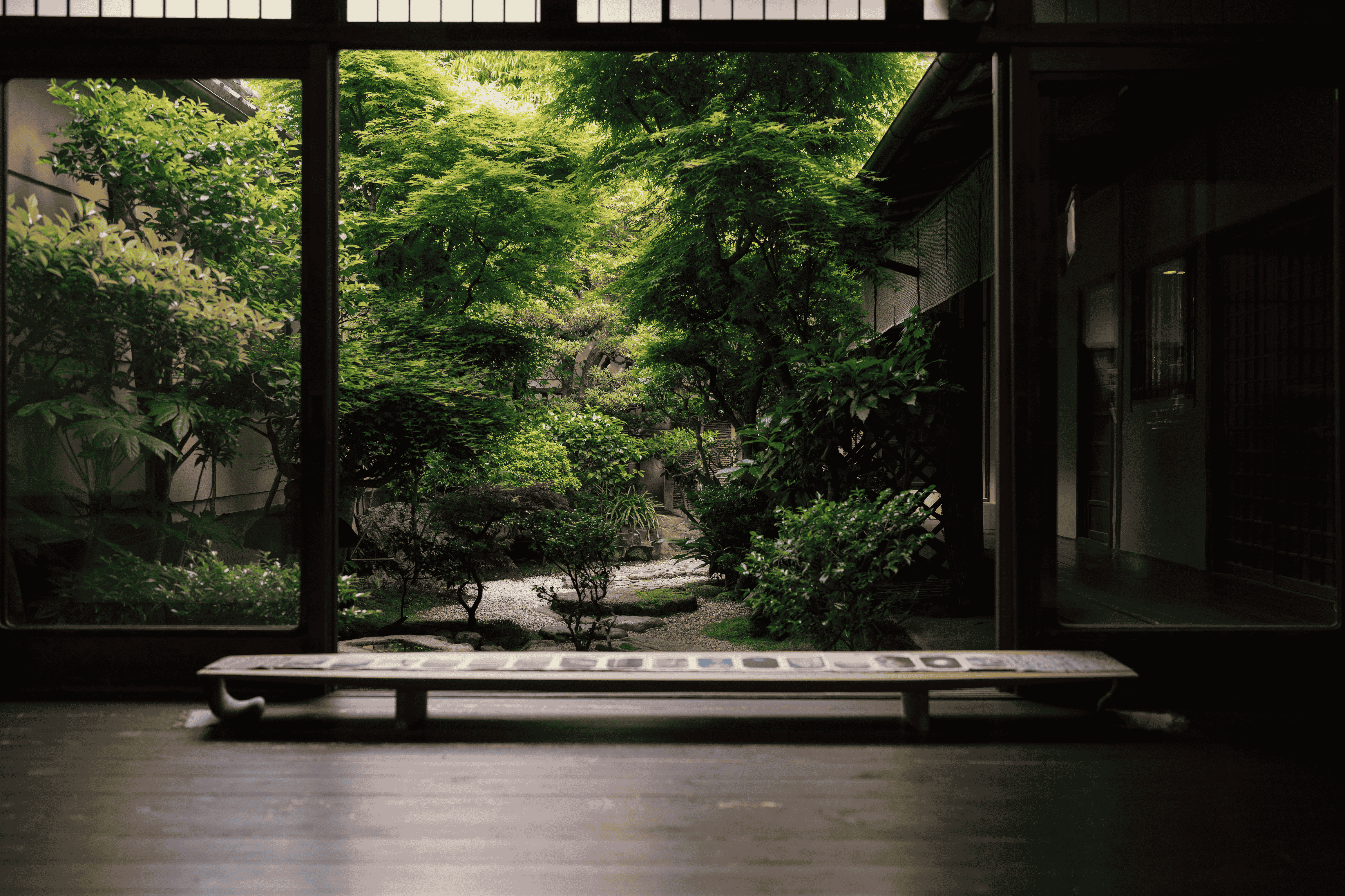 Quiet ryokan corridor at dusk